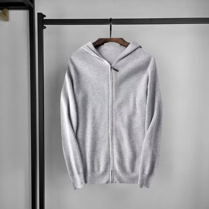 Kaschmir Hoodie Herren Strickjacke locker gestrickt Wollpullover mit Mütze