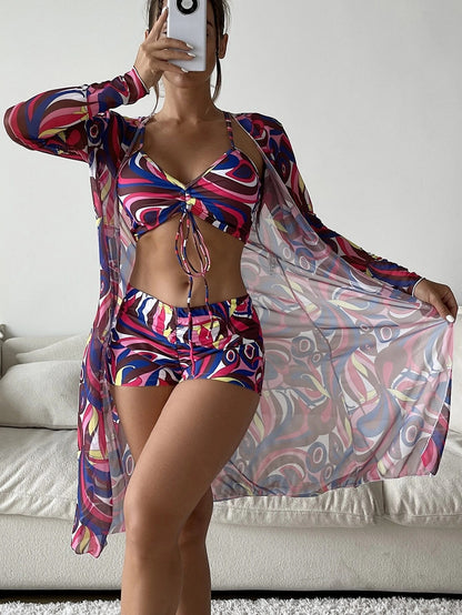 Dreiteiliges Bademode-Set mit hoher Taille und geteiltem Schnitt für Damen