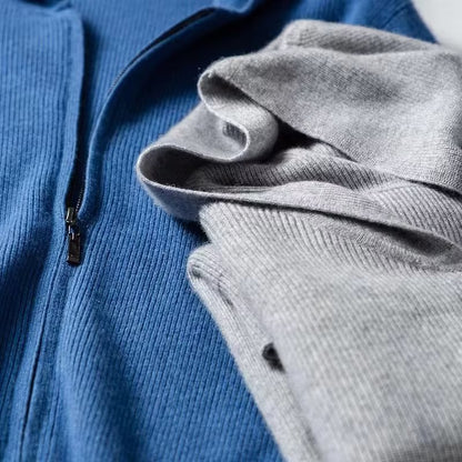 Kaschmir Hoodie Herren Strickjacke locker gestrickt Wollpullover mit Mütze