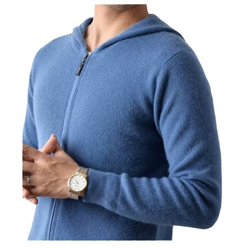 Kaschmir Hoodie Herren Strickjacke locker gestrickt Wollpullover mit Mütze