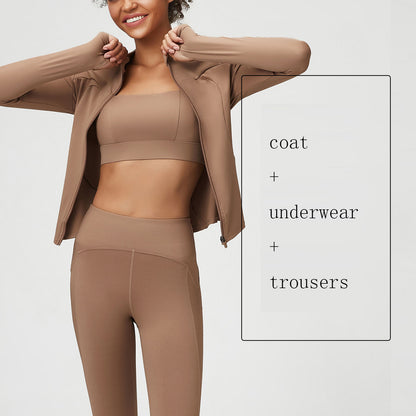 Damen-Yoga-Anzug, nackt, dreiteiliges Set, großer Sport-Fitness-Anzug