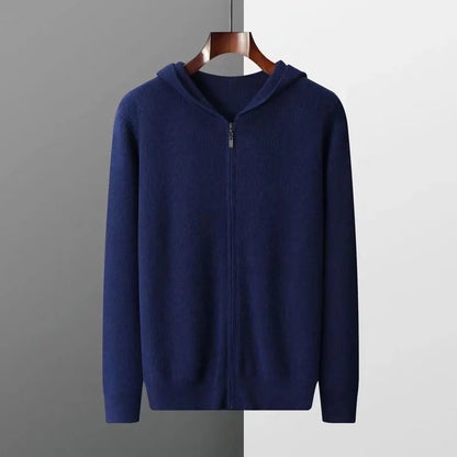 Kaschmir Hoodie Herren Strickjacke locker gestrickt Wollpullover mit Mütze