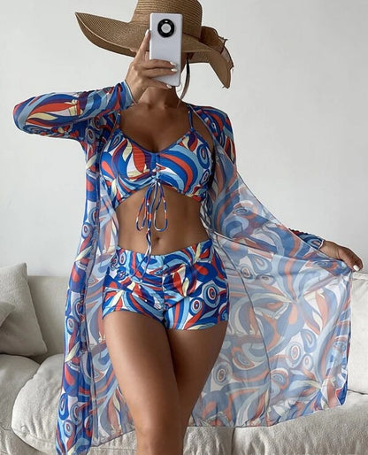 Dreiteiliges Bademode-Set mit hoher Taille und geteiltem Schnitt für Damen