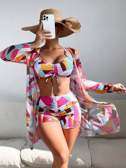 Dreiteiliges Bademode-Set mit hoher Taille und geteiltem Schnitt für Damen