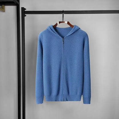 Kaschmir Hoodie Herren Strickjacke locker gestrickt Wollpullover mit Mütze