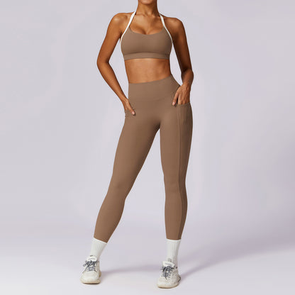 Yoga-Anzug-Set mit Farbblockierung auf der Rückseite, eng anliegender Sport- und Fitnessanzug für Damen