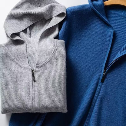 Kaschmir Hoodie Herren Strickjacke locker gestrickt Wollpullover mit Mütze