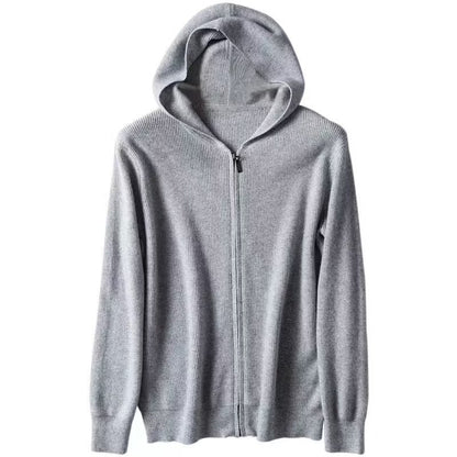 Kaschmir Hoodie Herren Strickjacke locker gestrickt Wollpullover mit Mütze