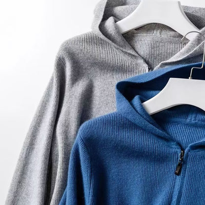Kaschmir Hoodie Herren Strickjacke locker gestrickt Wollpullover mit Mütze
