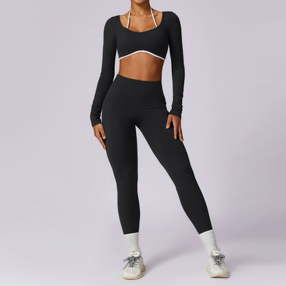 Yoga-Anzug-Set mit Farbblockierung auf der Rückseite, eng anliegender Sport- und Fitnessanzug für Damen